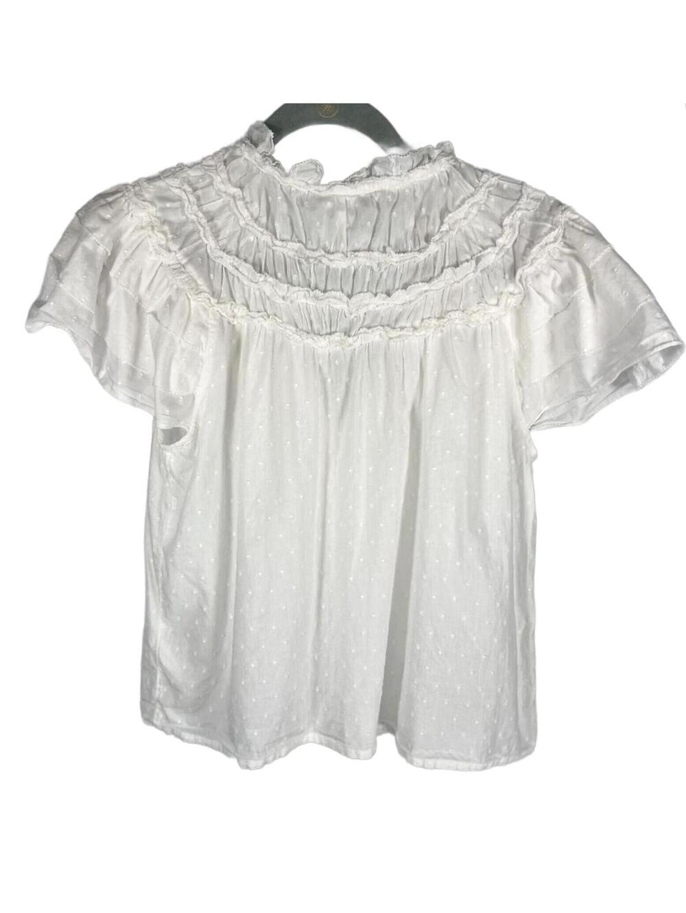 By Anthropologie Layered-Sleeve Henley Top White Dotted Swiss Dot Ruffle Blouse - Picture 4 of 9